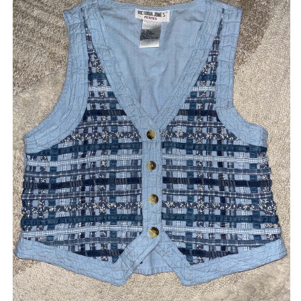 Victoria Jones Petites Blue Cotton Woven Patchwork Lattice Button Front Vest PS